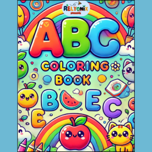 Colorful cover of the ABC Coloring Book by Relyonix, featuring playful letters and cute illustrations for kids.
