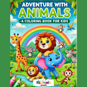 "Adventure with Animals – A Coloring Book for Kids featuring 30 cute animal illustrations, designed for children ages 3-8 to spark creativity and learning."