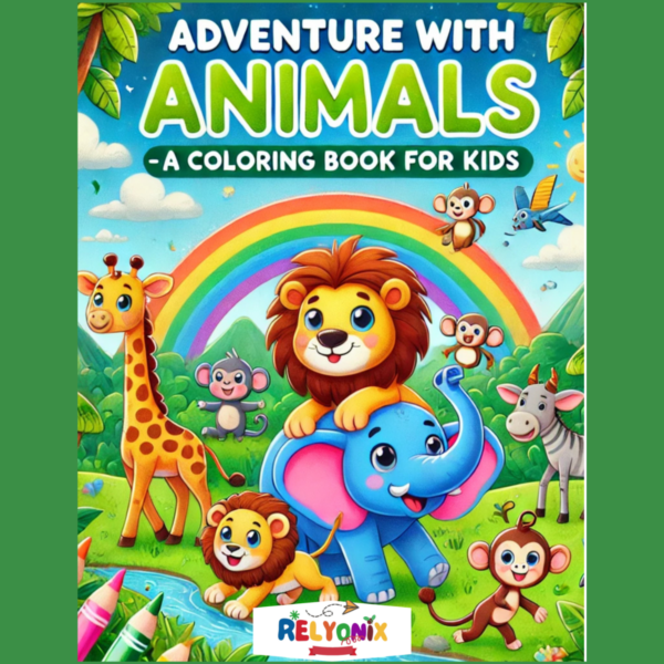 "Adventure with Animals – A Coloring Book for Kids featuring 30 cute animal illustrations, designed for children ages 3-8 to spark creativity and learning."