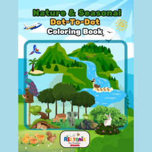 "Colorful Nature & Seasonal Dot-to-Dot Coloring Book cover featuring playful spring blossoms, a sunny beach scene, and autumn leaves with fun emojis."