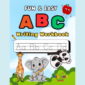 “Fun & Easy ABC Writing Workbook” – a colorful children’s workbook with cute illustrations, helping kids learn to write letters A to Z.