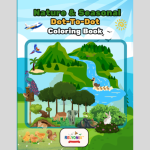 Nature & Seasonal dot-to-dot coloring book cover featuring trees, flowers, and seasonal elements for kids and adults.