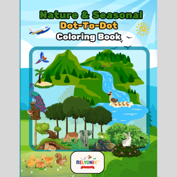 Nature & Seasonal dot-to-dot coloring book cover featuring trees, flowers, and seasonal elements for kids and adults.